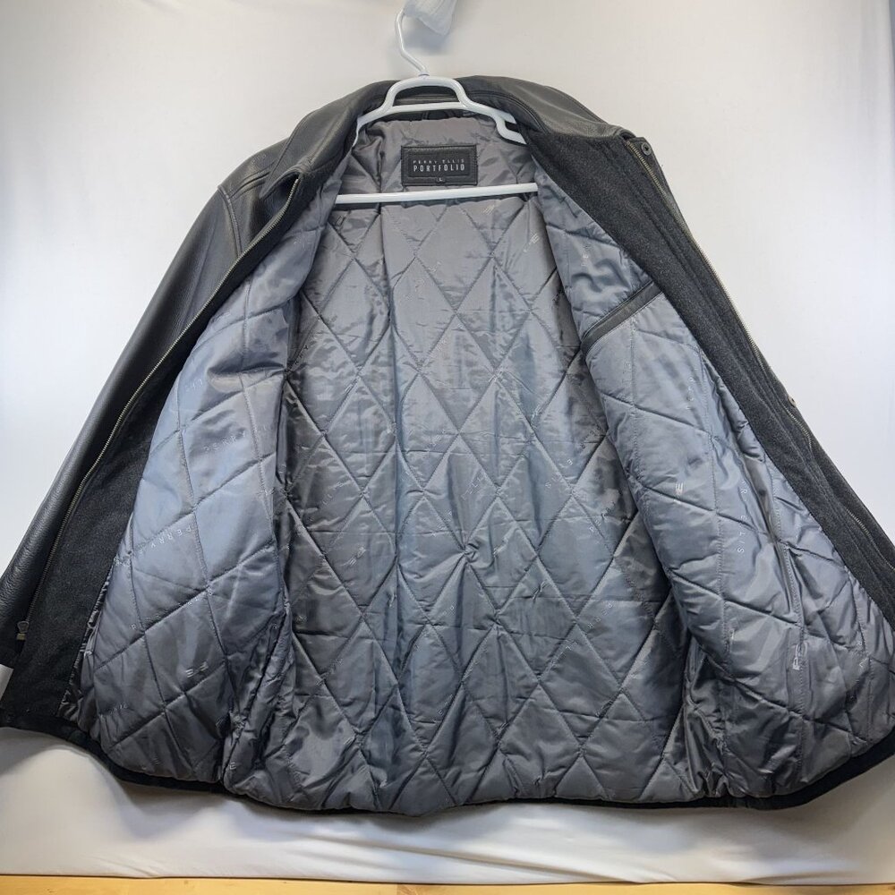 Perry Ellis Black Leather Jacket Mens XL Zipper & Snap Closure Quilted Lining - Picture 5 of 10